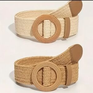2Pcs Set Buckle Braided Straw Belts